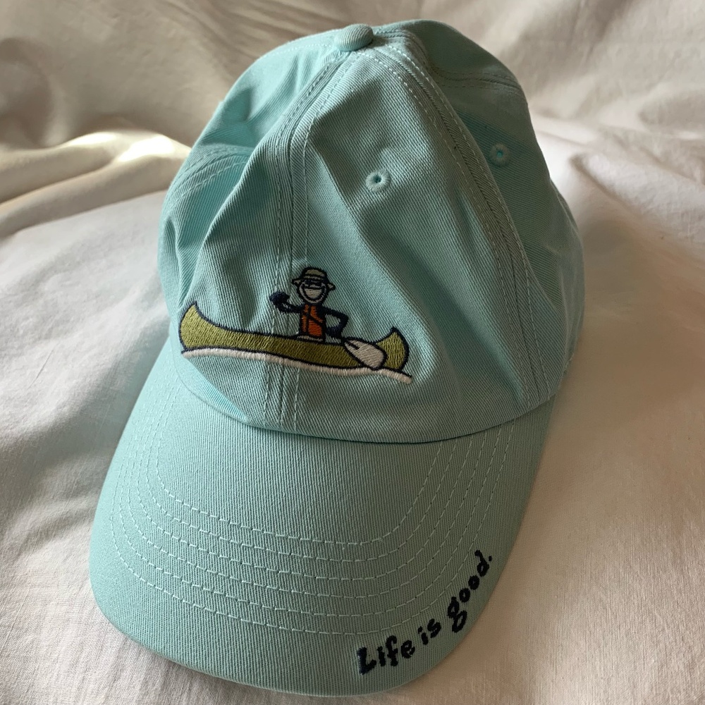 Life is Good light aqua baseball cap with canoer